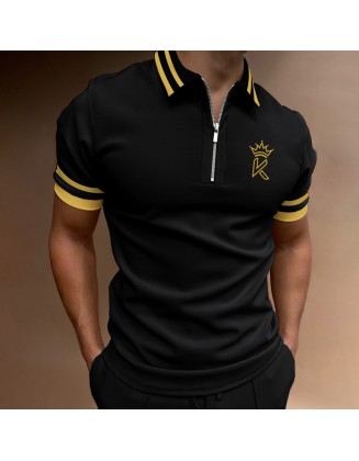 Men's Casual Color Matching Short Sleeve Zipper Polo Shirt Crown K Pattern Print