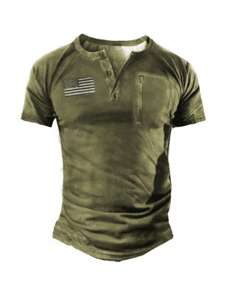 American Flag Men's Outdoor Retro Tactical Henley Short Sleeve T-Shirt