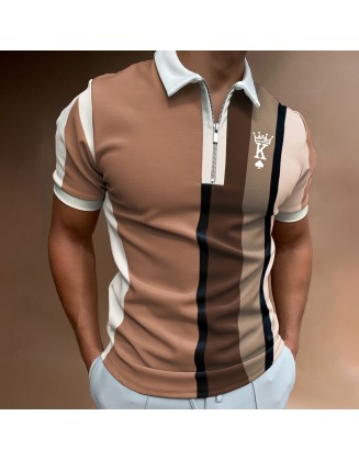 Men's Casual King Stripe Pattern Print Short Sleeve Zipper Polo Shirt